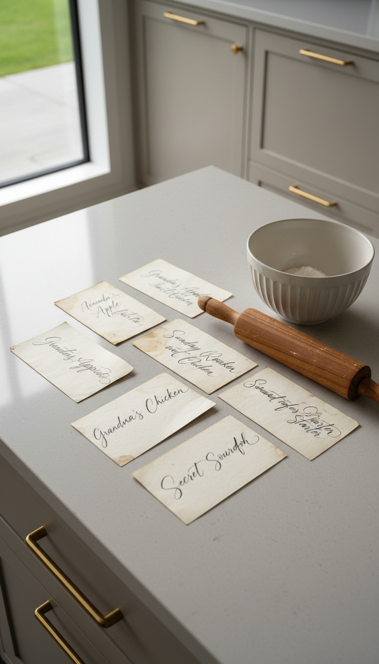 A set of hand-written recipe cards, artfully arranged on a smooth, pale stone kitchen counter next to a refined ceramic mixing bowl and a wooden rolling pin with intricate grain. The cards display elegant calligraphy and faint tea stains, suggesting years of family tradition. The kitchen environment is minimal yet warm, accented with muted cabinetry and subtle gold hardware. Soft, overcast daylight from a large window creates gentle highlights and nuanced shadows across the textured surfaces, adding depth without overpowering the scene. The mood is nostalgic yet refined, composed from a top-down bird's eye view for a clean, minimalist effect. The image's realistic, subdued colors and graceful styling evoke sophisticated family gatherings and the sharing of stories.