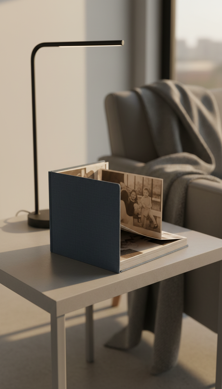 A classic, sophisticated flipbook with a subtly textured cloth hardcover in deep slate blue, positioned at an understated reading nook with a muted wool throw and a slender floor lamp. The flipbook lies open on a crisp, light grey side table with an elegantly minimal composition—no clutter, only refined lines. The scene is softly illuminated by muted golden hour sunlight filtering in, casting elongated, gentle shadows and warm gradients on both the table and the flipbook. Captured at a slight angle with the flipbook as the focal point, the image utilizes shallow depth of field and photographic realism, capturing the serene intimacy of sharing family memories in a polished, sophisticated setting.