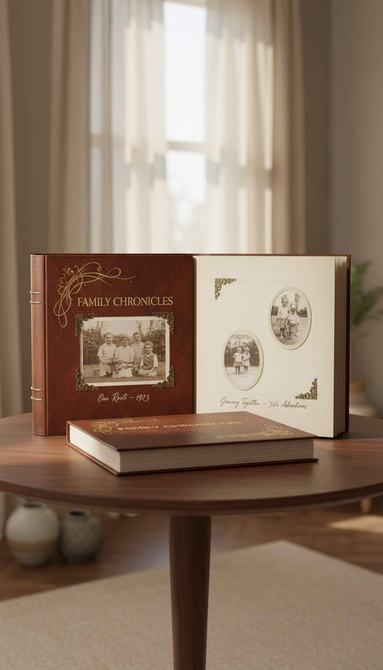 An heirloom-quality leather-bound family photo album with embossed gold detailing and subtly textured surface, lying open on an elegant walnut table. The album's pages reveal artfully designed layouts with photo corners and hand-written captions, all in a cohesive muted color palette. The setting is a refined living room with understated, minimalist décor—think soft linen drapery and gentle taupe walls. Diffused natural light filters through sheer curtains, casting a soft glow and subtle shadows on the table. The image exudes a calm, sophisticated atmosphere, shot from a slightly elevated angle, focused on the album with a shallow depth of field for a minimalist, photographic realism style. This image captures the essence of family memories and timeless elegance for a family showcase site.