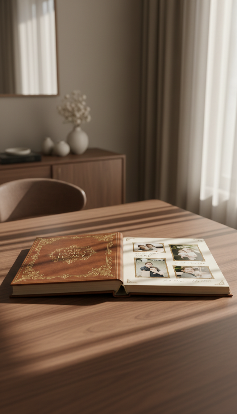 An heirloom-quality leather-bound family photo album with embossed gold detailing and subtly textured surface, lying open on an elegant walnut table. The album's pages reveal artfully designed layouts with photo corners and hand-written captions, all in a cohesive muted color palette. The setting is a refined living room with understated, minimalist décor—think soft linen drapery and gentle taupe walls. Diffused natural light filters through sheer curtains, casting a soft glow and subtle shadows on the table. The image exudes a calm, sophisticated atmosphere, shot from a slightly elevated angle, focused on the album with a shallow depth of field for a minimalist, photographic realism style. This image captures the essence of family memories and timeless elegance for a family showcase site.