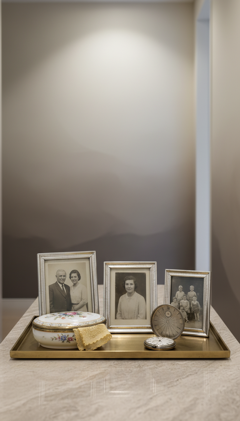 A carefully arranged collection of cherished family heirlooms—vintage silver picture frames with black-and-white photos, a delicate porcelain keepsake box, and an antique pocket watch—beautifully displayed atop a minimalist matte brass tray. The ensemble sits on a subtle stone-grained console in a softly lit hallway with muted walls and subtle gradient paint transitions. Overhead, diffused lighting gently illuminates the objects, highlighting intricate textures without harsh contrasts. The mood is refined and nostalgic, evoking a sophisticated appreciation for family history. Photographed at eye-level with a balanced, centered composition and crisp focus throughout, the image embodies photographic realism and complements the site's elegant, understated personality.